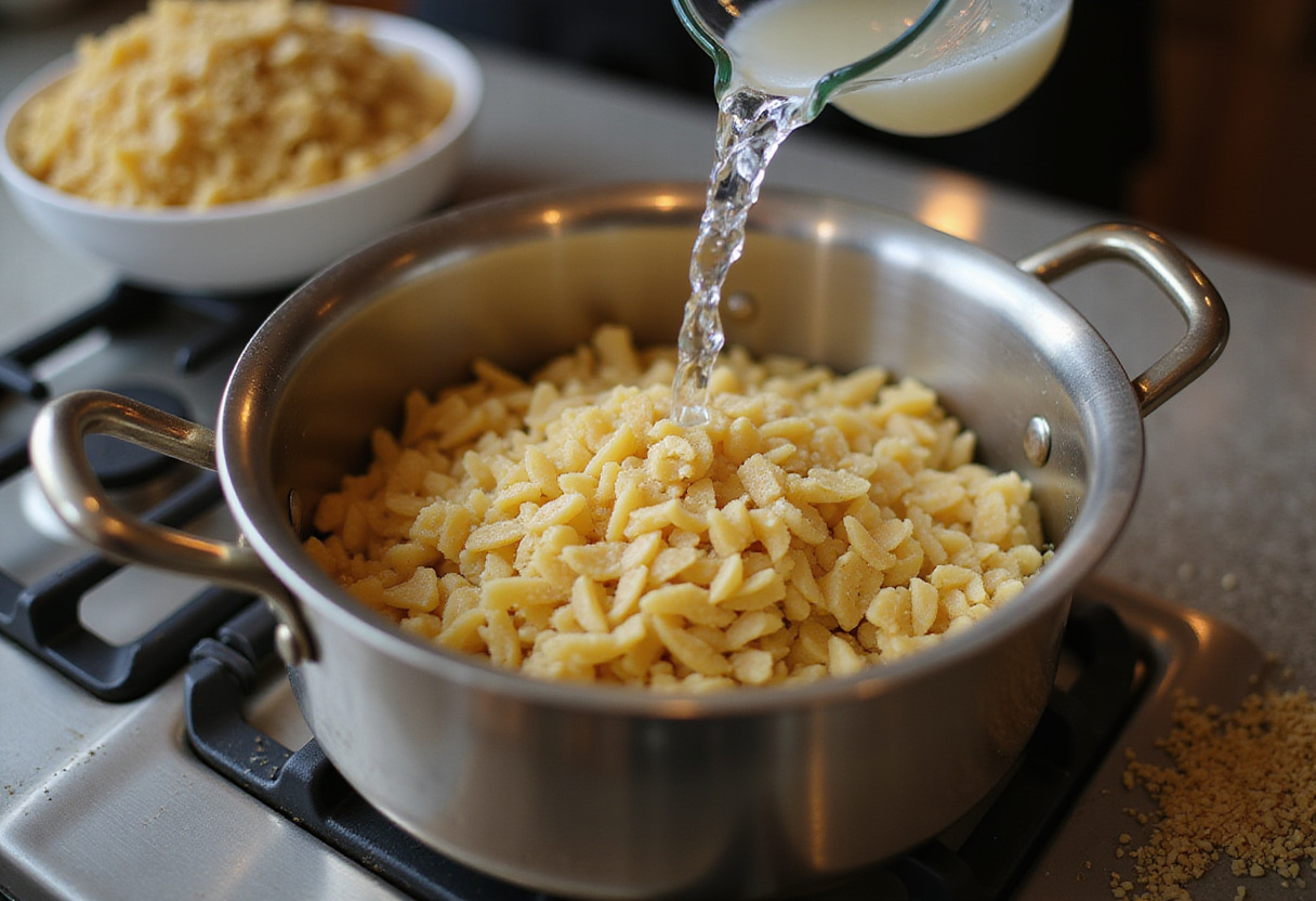 Cooking orzo pasta for Cold Panzanella, a light and refreshing pasta salad, as water is boiled in a pot on the stove.