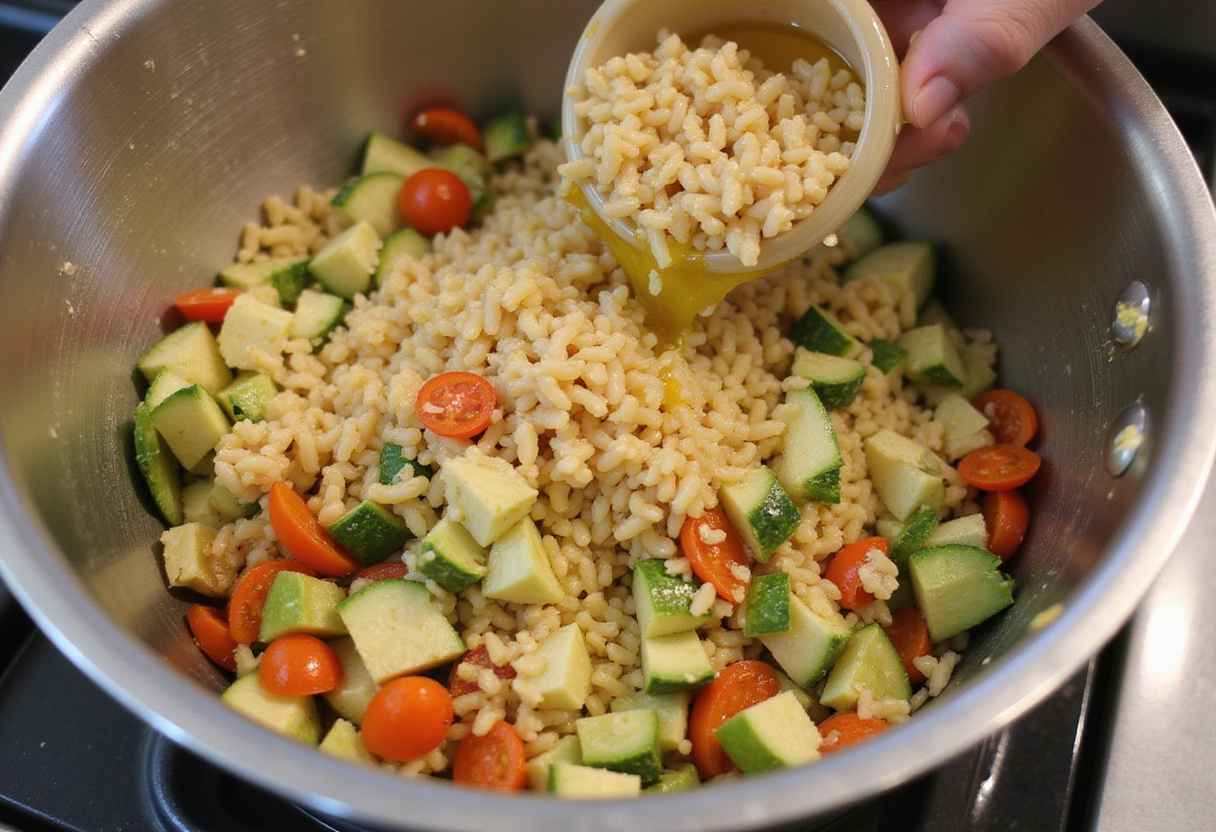 Combining cooked orzo pasta with fresh vegetables and olive oil to create a vibrant Cold Panzanella, perfect for summer gatherings.