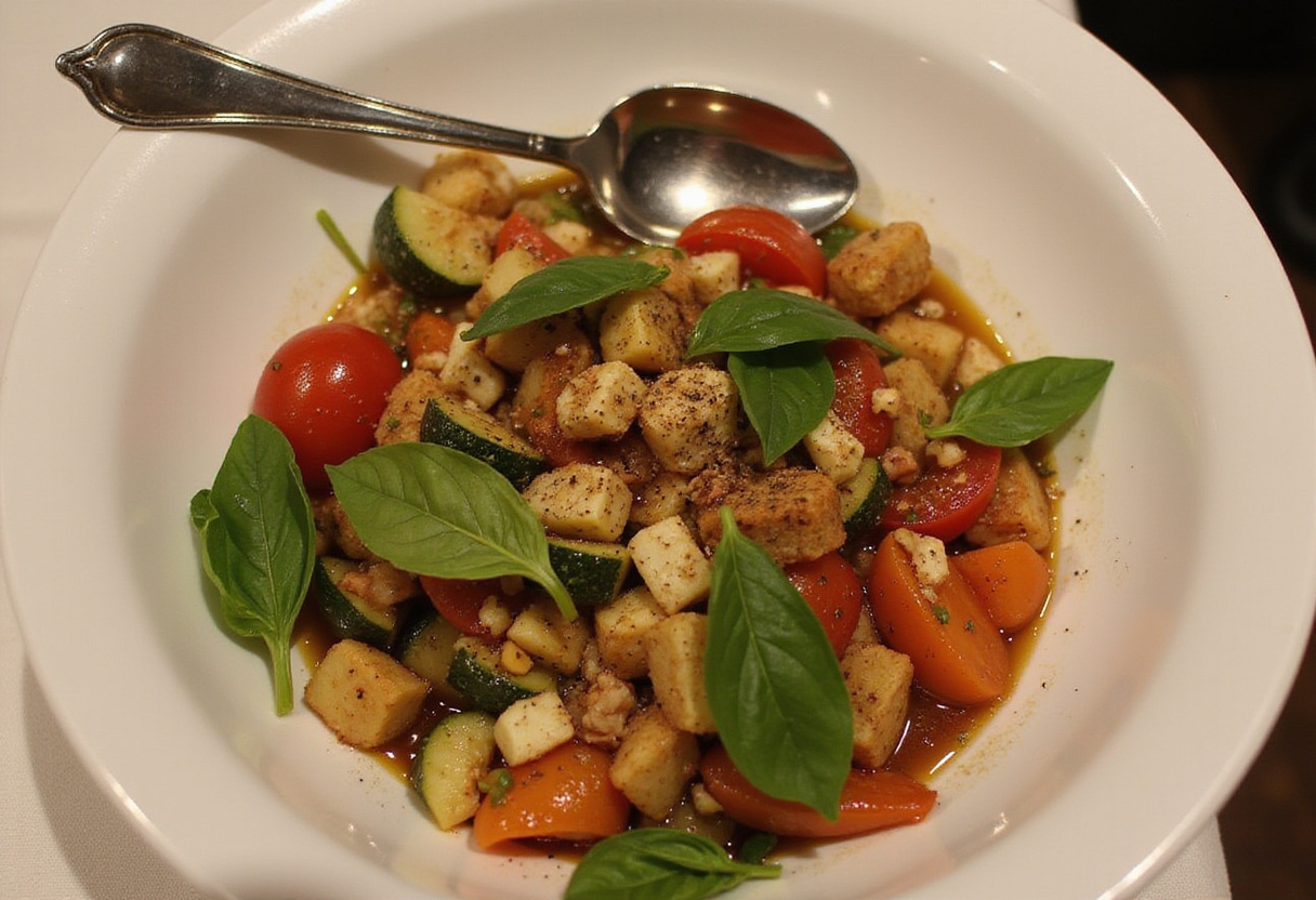 Serving a colorful Cold Panzanella or Orzo Pasta Salad, garnished beautifully with fresh basil and pepper, ready to be enjoyed.