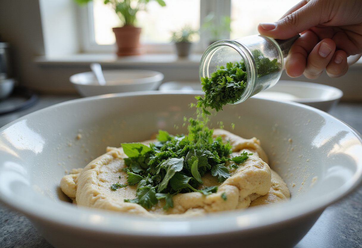 Fresh herbs being added to the dough for Copycat Subway Italian Herb & Cheese Bread, enhancing the aroma and flavor.