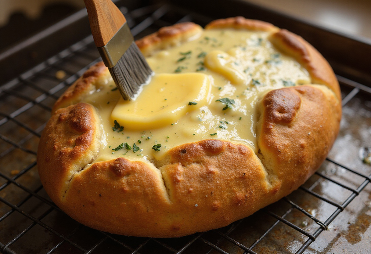 Baking process of Copycat Subway Italian Herb & Cheese Bread, featuring a golden crust being brushed with melted butter for a perfect finish.
