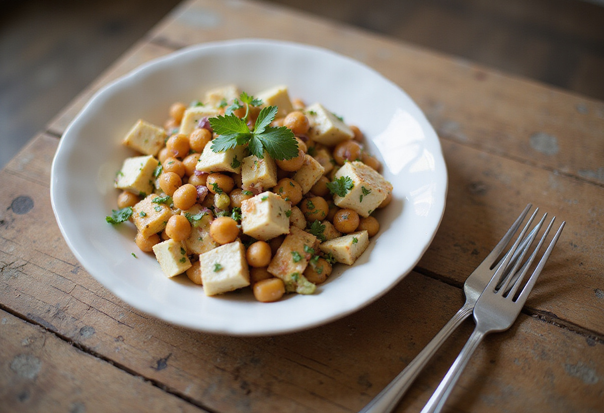 Delicious Cottage Cheese and Chickpeas Salad served on a plate, showcasing a colorful and healthy dish perfect for any meal.