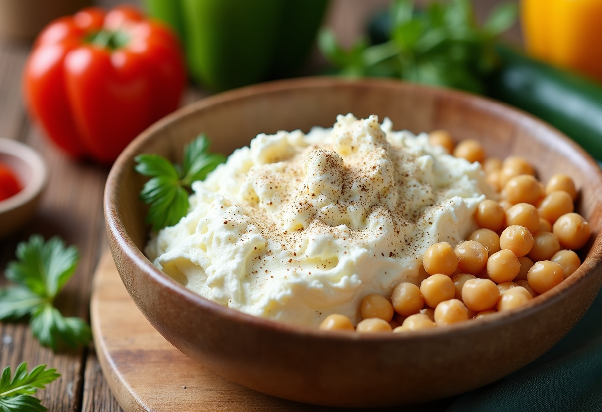 Cottage Cheese and Chickpeas Salad ingredients including cottage cheese, chickpeas, and fresh vegetables on a wooden kitchen counter.