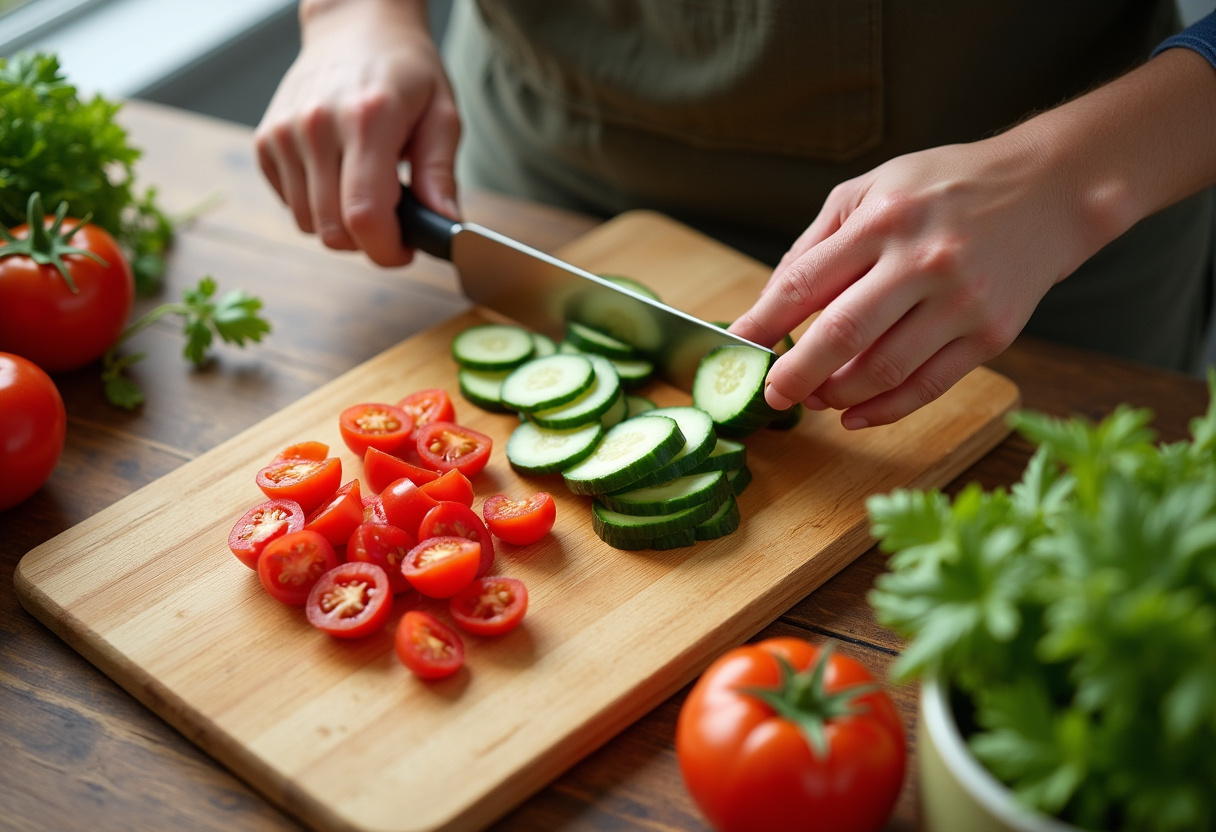 Chop fresh vegetables for Cottage Cheese and Chickpeas Salad, showcasing vibrant cherry tomatoes and cucumbers on a cutting board.