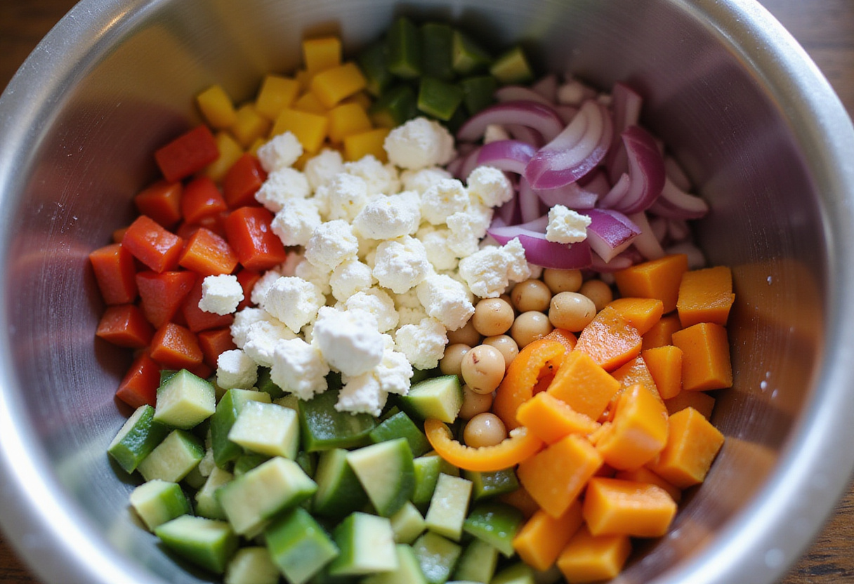 Combine diced vegetables such as bell peppers and onions into Cottage Cheese and Chickpeas Salad for added flavor and color.