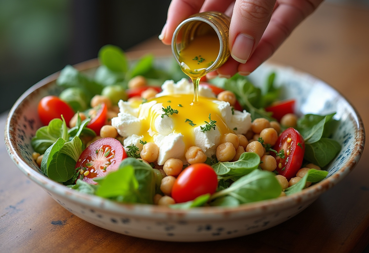 Prepare Cottage Cheese and Chickpeas Salad with colorful vegetables, olive oil, and lemon juice for a fresh and healthy meal.