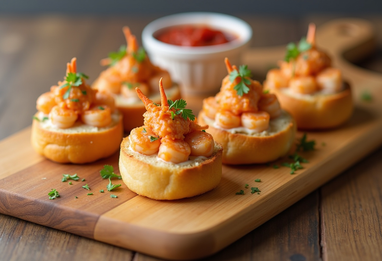 Delicious crabby shrimp-stuffed garlic bread bombs displayed on a wooden serving board with marinara sauce and garnished with parsley.