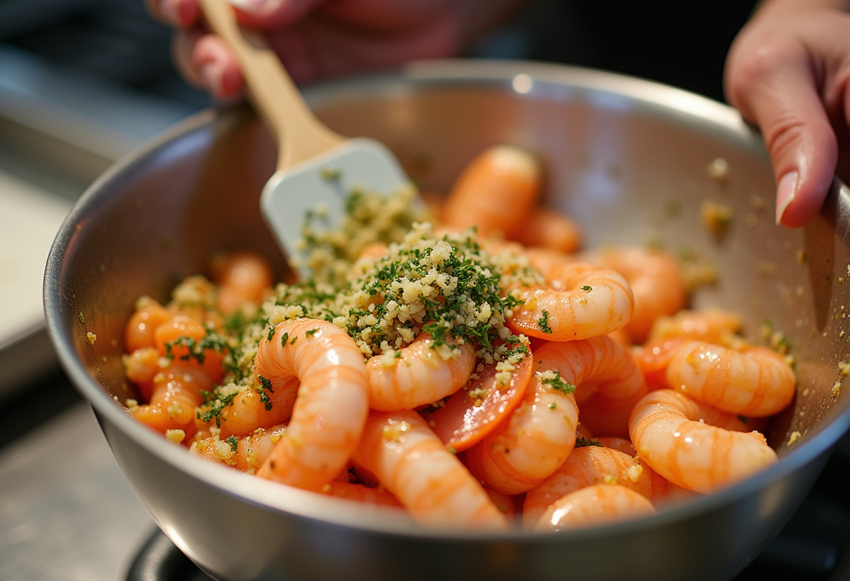 Close-up of a chef mixing shrimp and crab meat with garlic and herbs for crabby shrimp-stuffed garlic bread bombs.