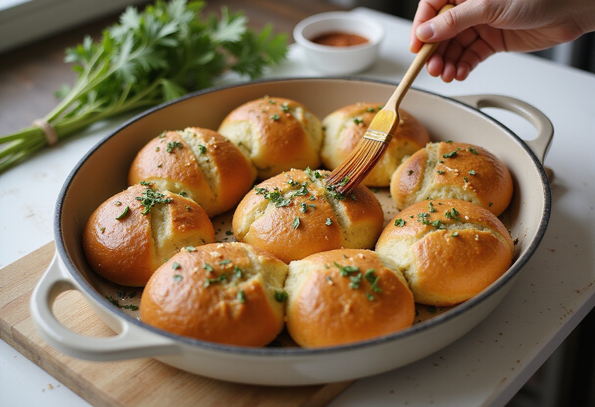Brushing garlic butter on crabby shrimp-stuffed garlic bread bombs in a baking dish, with fresh herbs on the side.