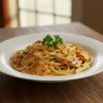 Delicious creamy Cajun chicken pasta garnished with parsley, served in a rustic bowl.