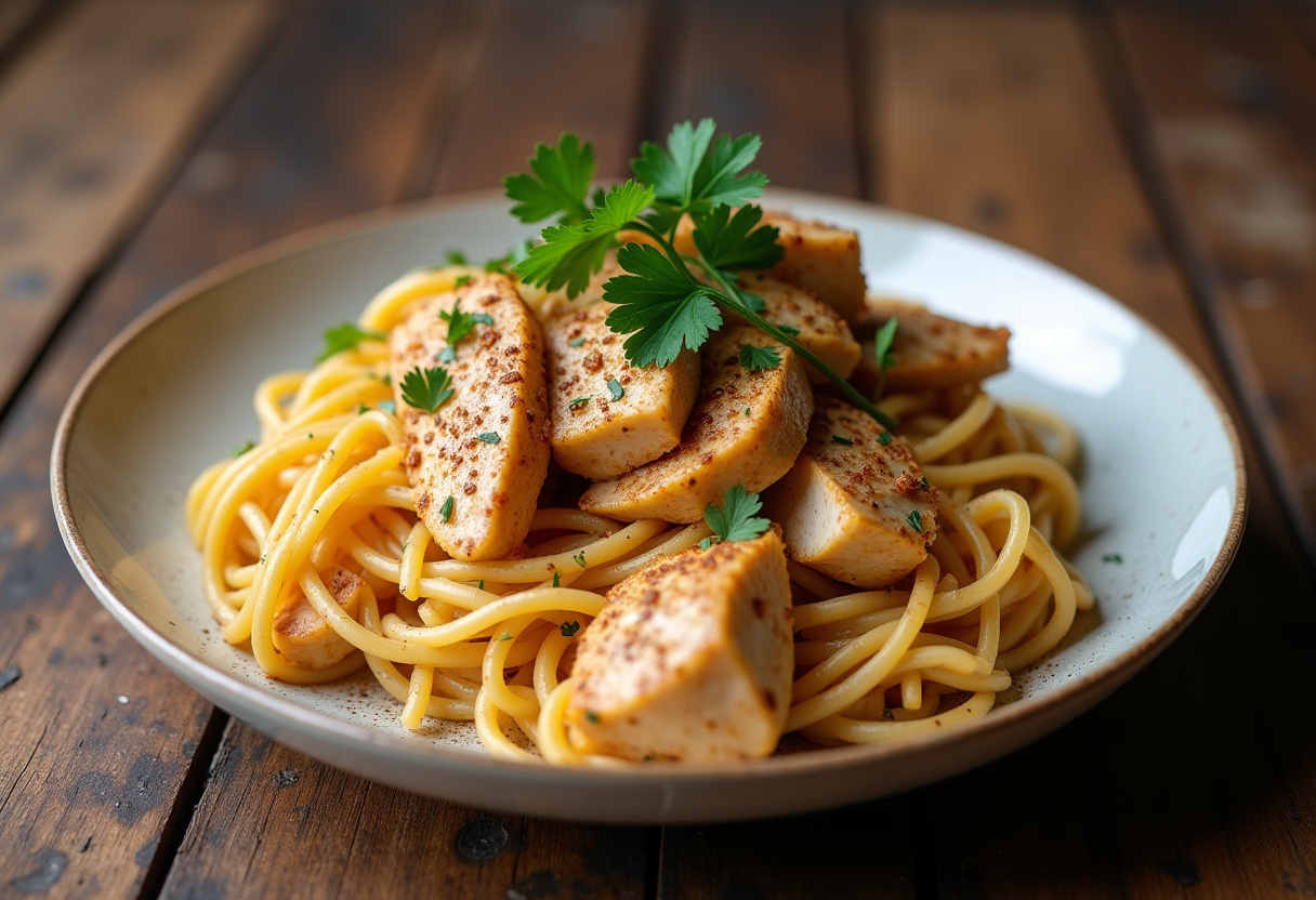 Delicious creamy Cajun chicken pasta garnished with parsley, served in a rustic bowl.