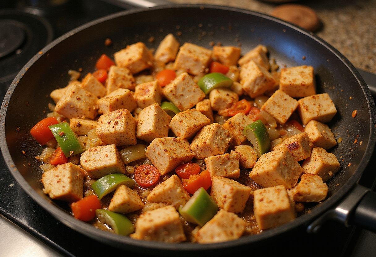 Cooking Cajun seasoned chicken with bell peppers and onions for creamy Cajun chicken pasta.