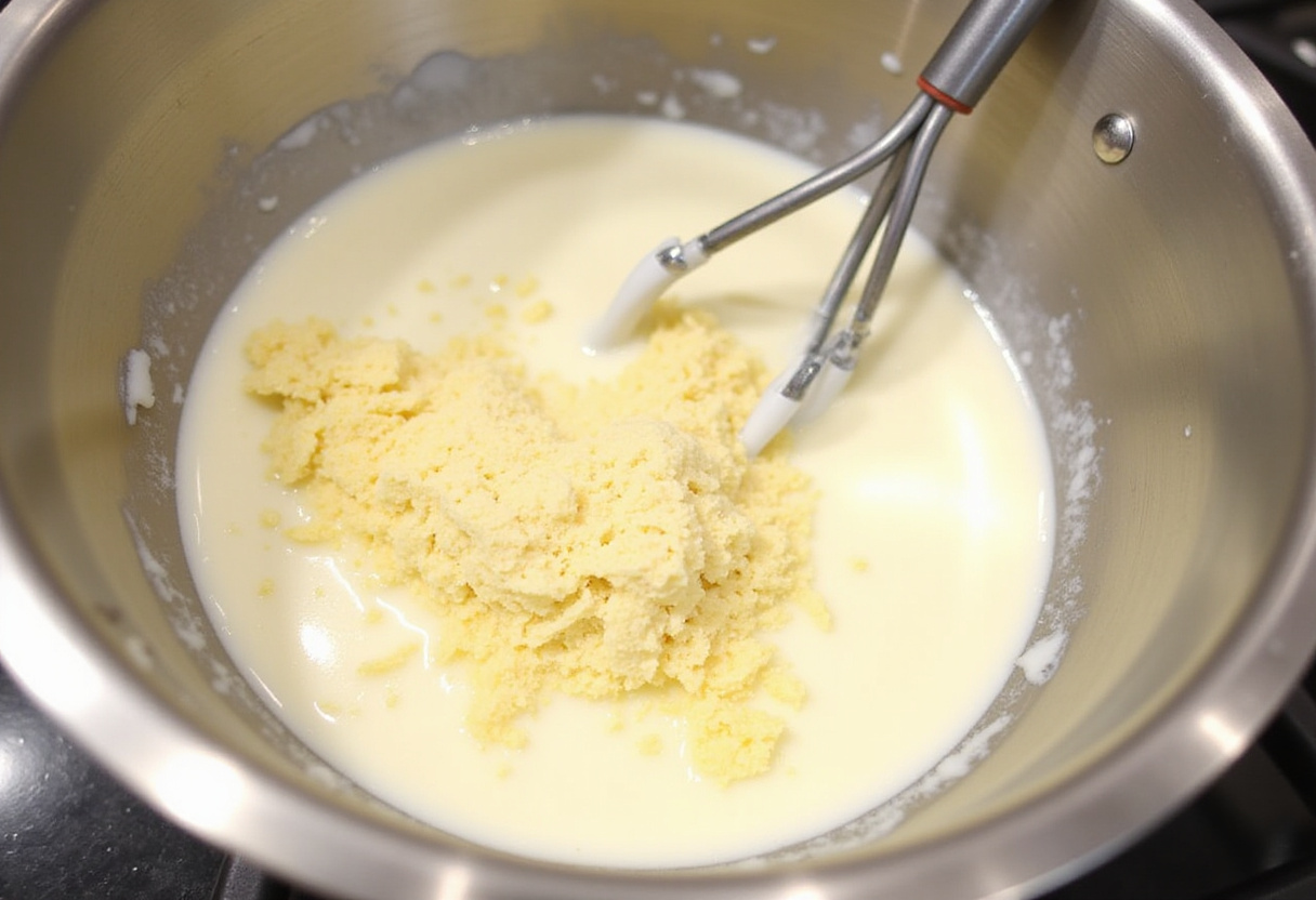 Preparing the creamy sauce with heavy cream and Parmesan cheese for Cajun chicken pasta.