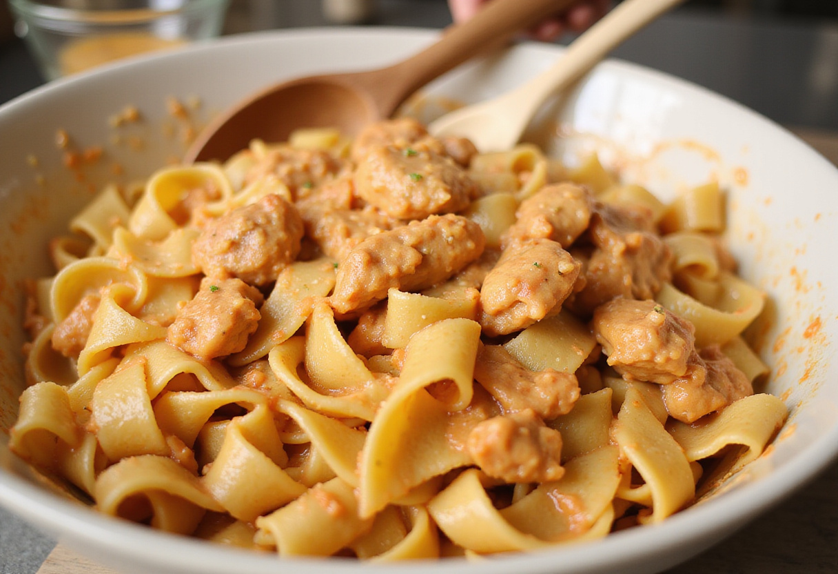 Combining fettuccine with Cajun chicken and creamy sauce in preparation for serving.