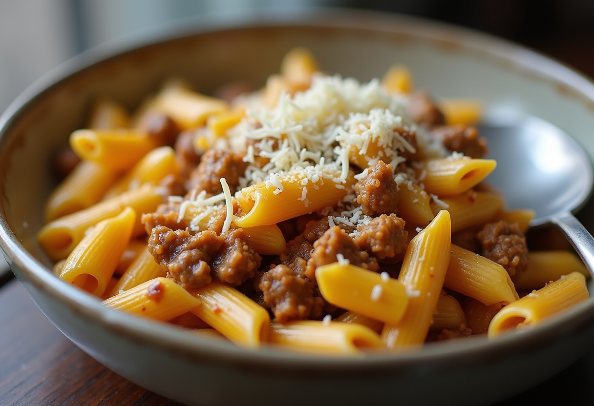 Delicious creamy cheesy penne with garlic butter ground beef, an irresistible meal for pasta lovers.