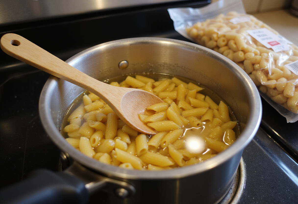 Boiling water for penne pasta, essential step in making creamy cheesy penne with garlic butter ground beef.