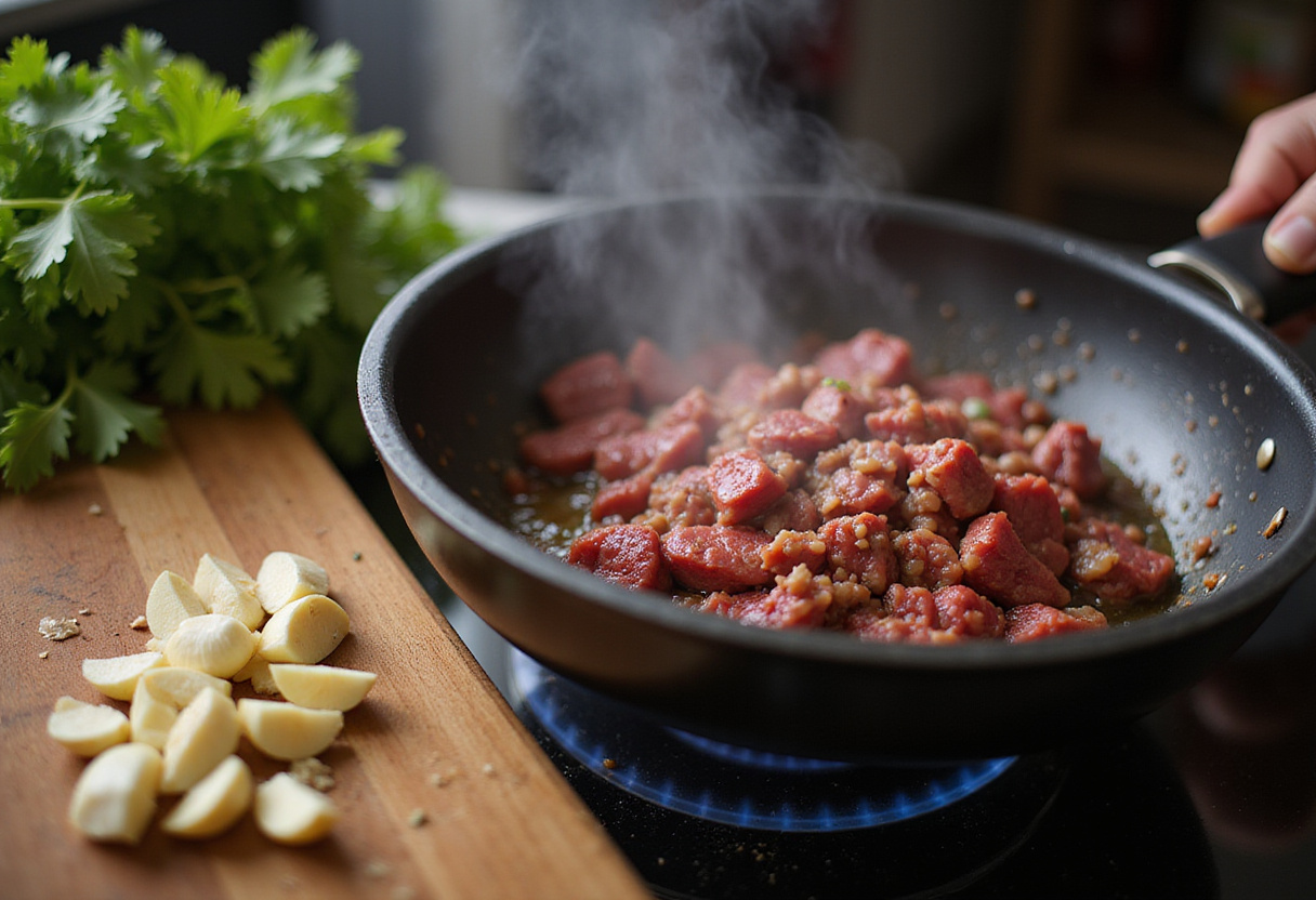 Cooking ground beef with garlic, key ingredient for creamy cheesy penne with garlic butter ground beef.