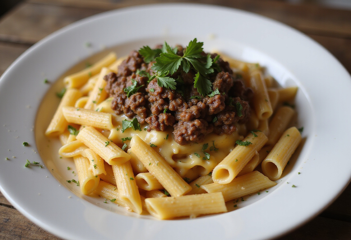 Plated creamy cheesy penne with garlic butter ground beef, showcasing delicious flavors for a satisfying meal.