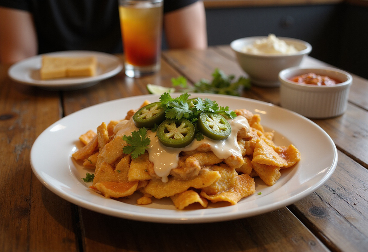 Delicious creamy chicken nacho hashbrown bake served on table, garnished, inviting dinner scene, comfort food.