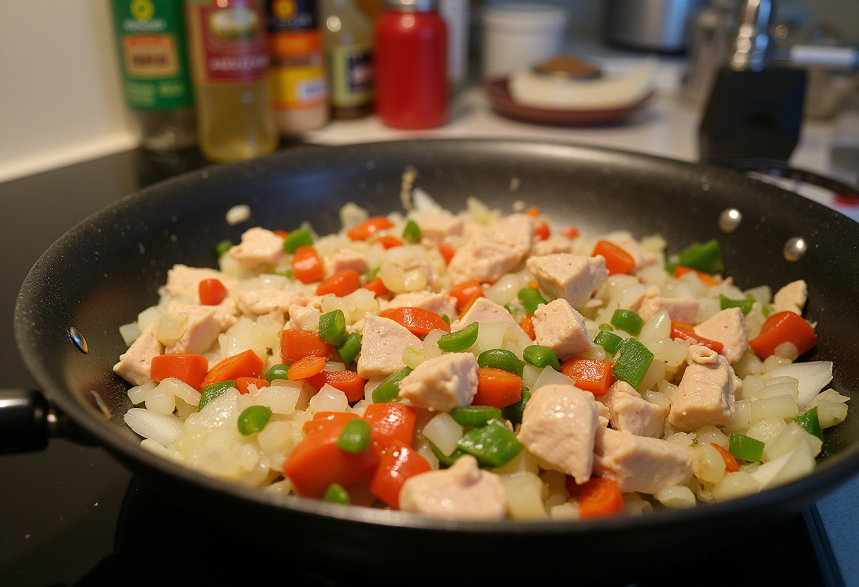 Sautéed chicken on stovetop, creamy chicken nacho hashbrown bake ingredients, cooking process in kitchen.