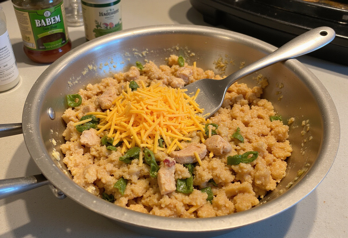 Mixing ingredients for creamy chicken nacho hashbrown bake, hashbrowns, cheese, chicken, cooking preparation scene.