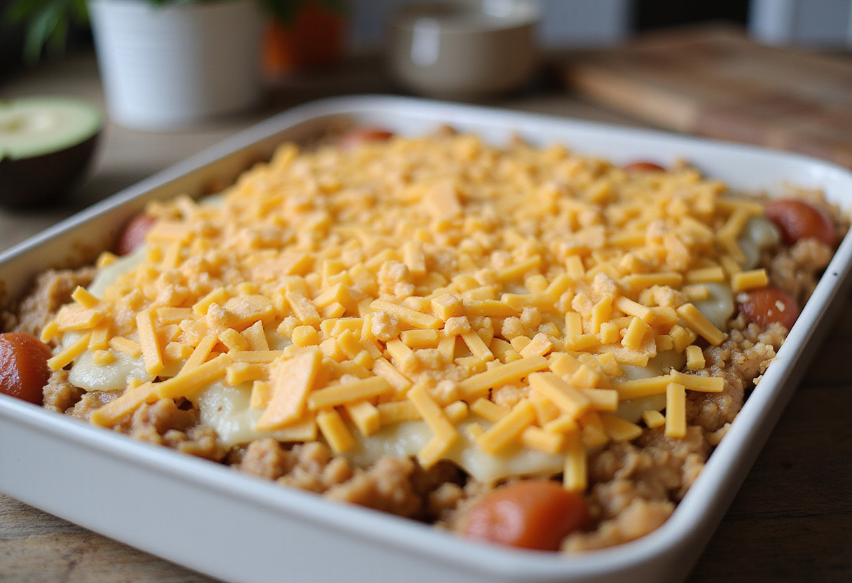 Baking dish filled with chicken nacho hashbrown mixture, preparing for oven, vibrant kitchen setup.