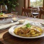 Delicious creamy garlic butter chicken and rotini in parmesan sauce served elegantly on a dinner table, showcasing a mouth-watering meal.