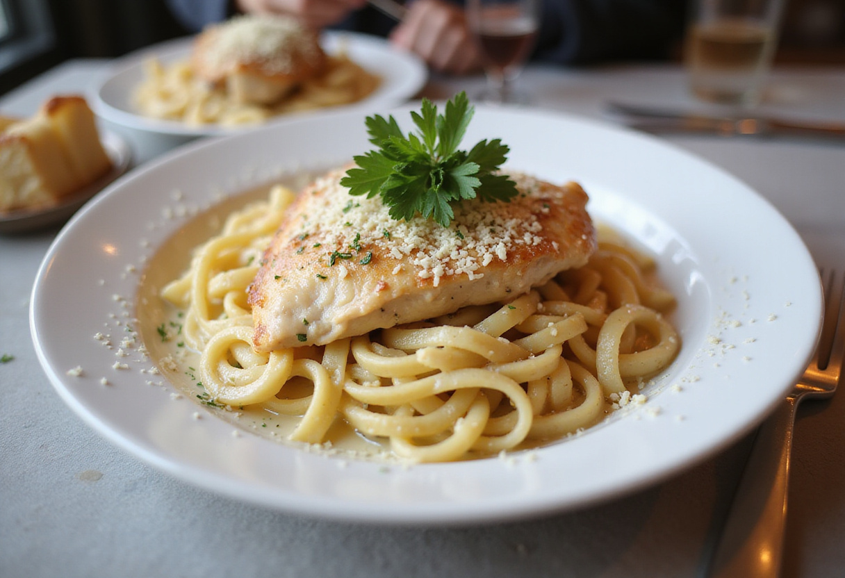 Delicious creamy garlic butter chicken and rotini in parmesan sauce served elegantly on a dinner table, showcasing a mouth-watering meal.