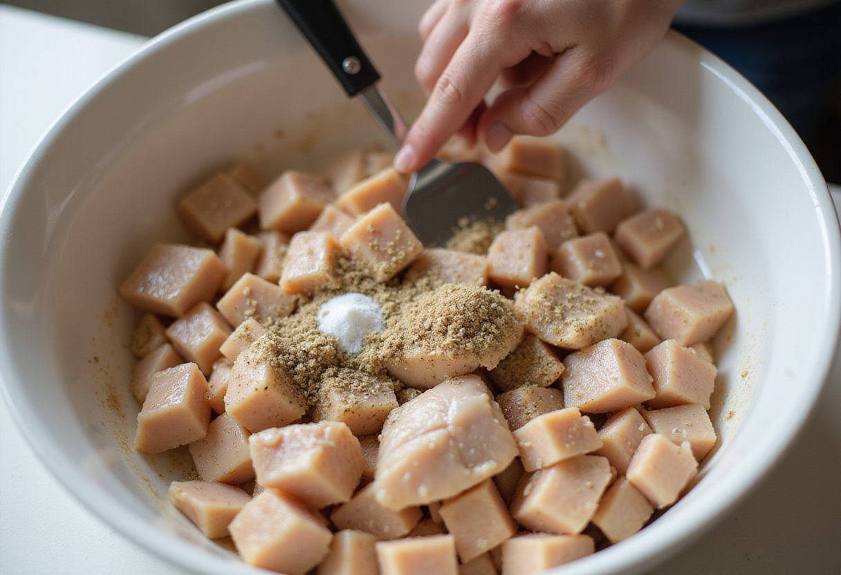 Seasoning chicken breast with garlic powder in preparation for creamy garlic butter chicken and rotini in parmesan sauce.