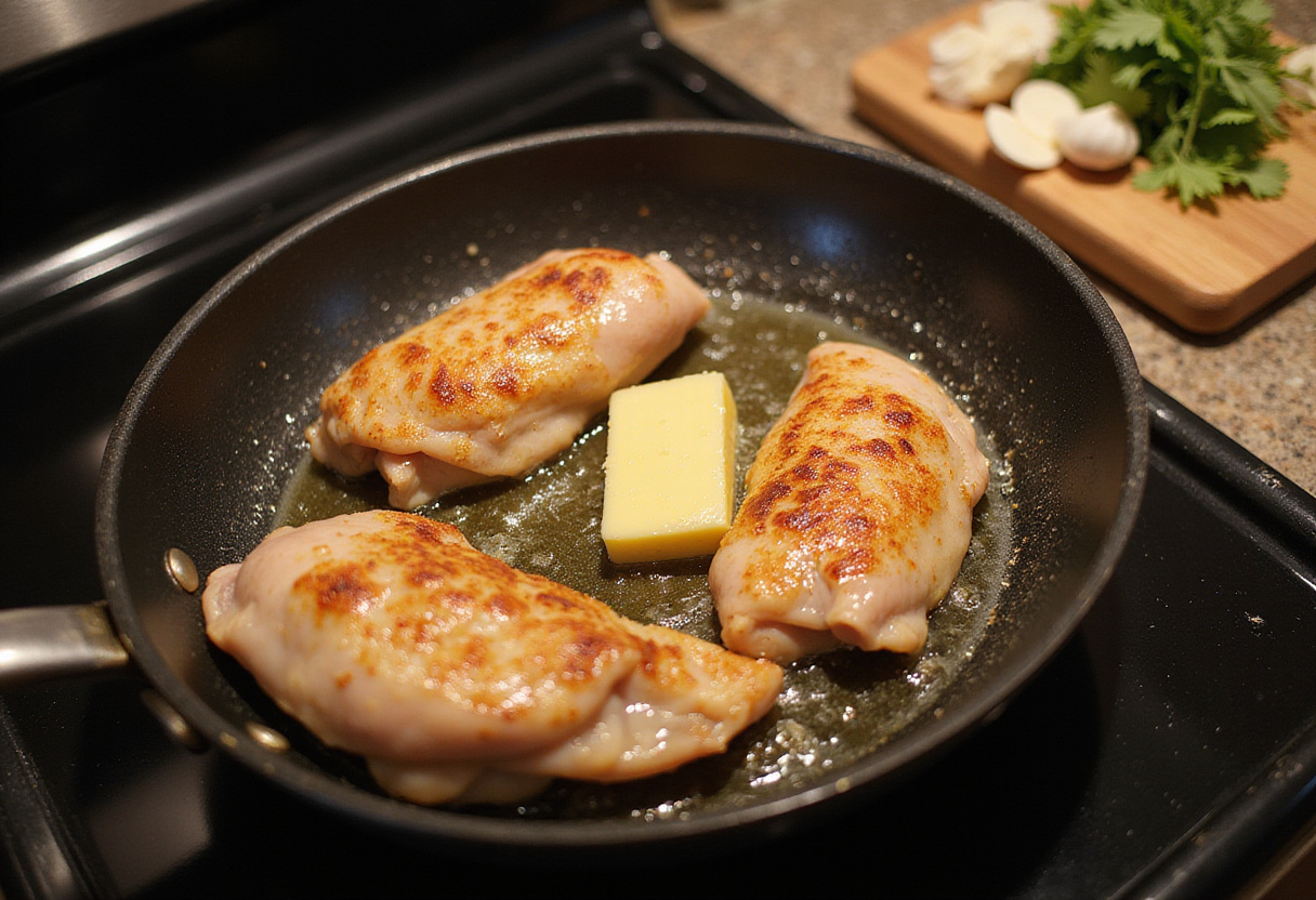 Cooking seasoned chicken breast in butter for creamy garlic butter chicken in a vibrant kitchen setting.