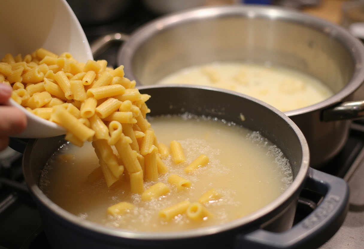 Preparing rotini pasta and creamy parmesan sauce for delicious creamy garlic butter chicken and rotini.