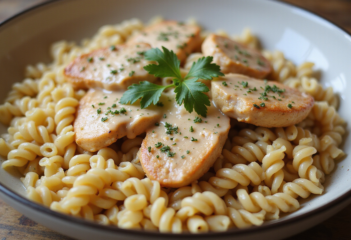 Mixing creamy garlic butter chicken with rotini pasta in a large bowl, ready to serve in a beautiful kitchen.