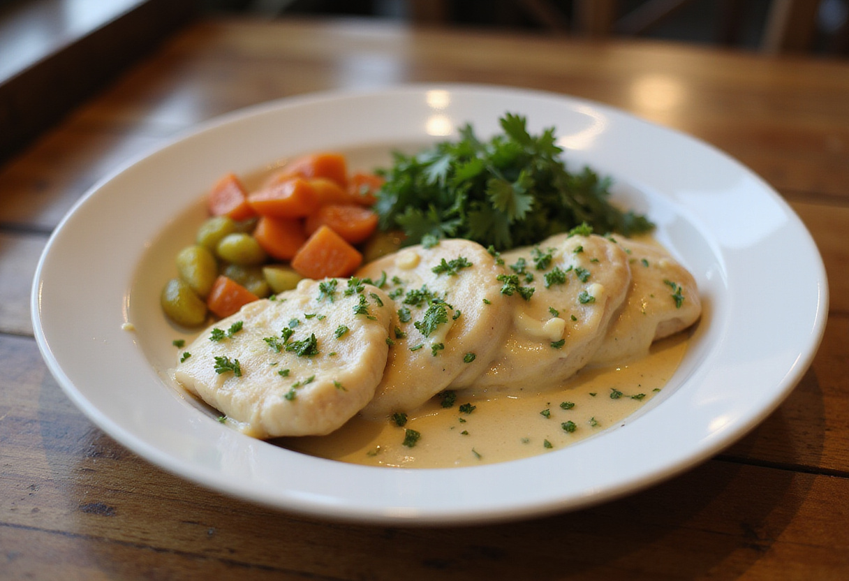 Final presentation of creamy garlic chicken, showcasing the rich sauce and fresh herbs in an appetizing dish.