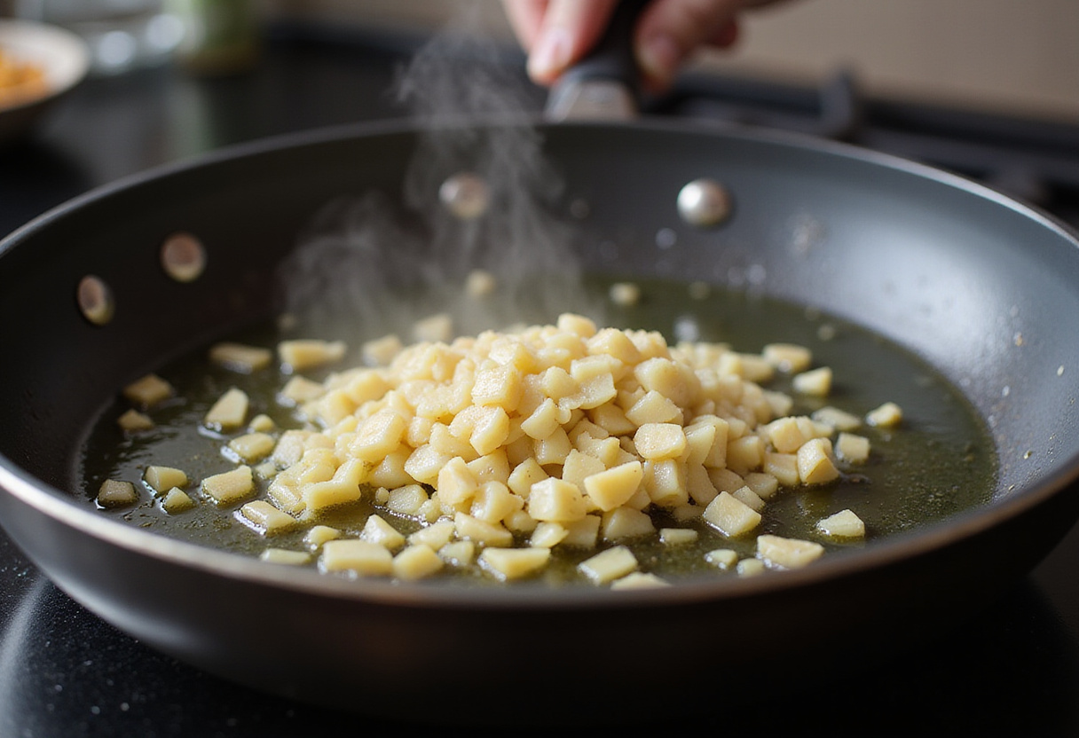 Sautรฉing minced garlic in olive oil for creamy garlic chicken, a crucial step in developing flavor.