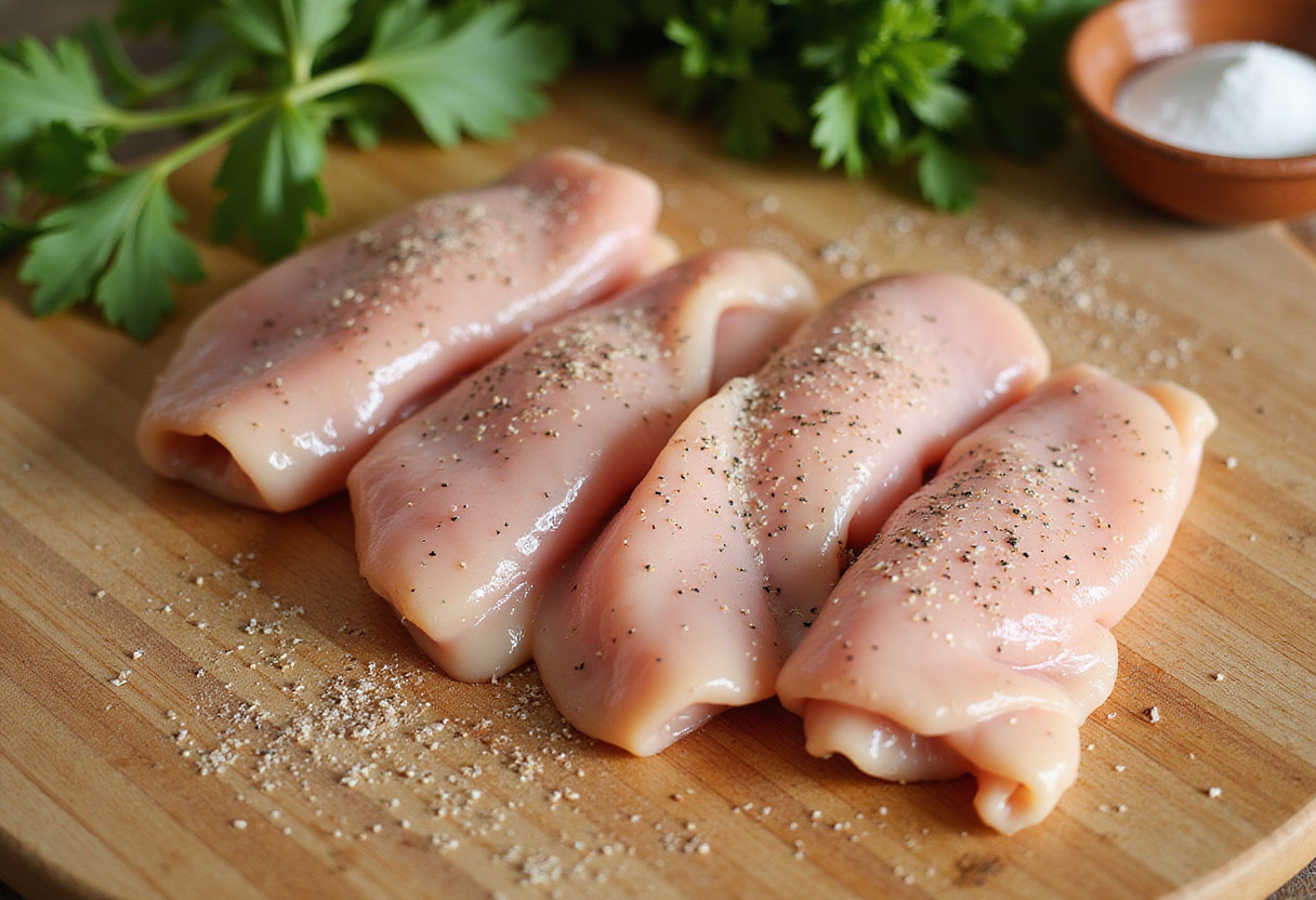 Seasoning chicken breast with salt and pepper for creamy garlic chicken recipe, an important preparation step.