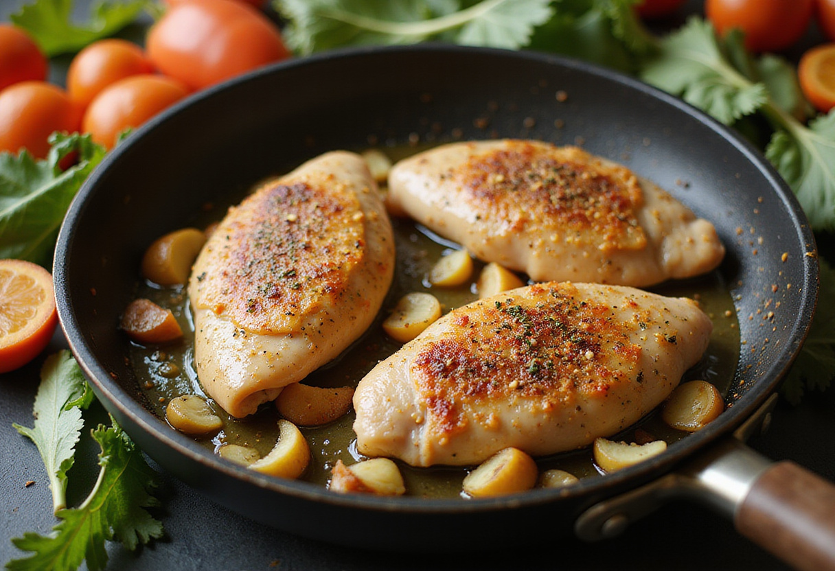 Searing seasoned chicken in garlic oil while preparing creamy garlic chicken, showcasing cooking action.