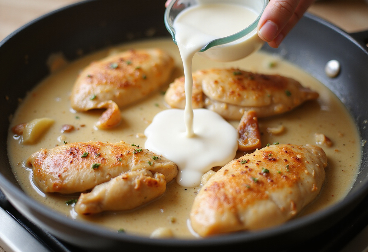 Adding heavy cream to skillet for creamy garlic chicken, merging flavors in a delicious sauce.