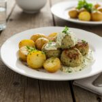 Serving creamy herb meatballs with roasted baby potatoes, beautifully presented, showcasing a delicious, hearty meal in a rustic dining setting.