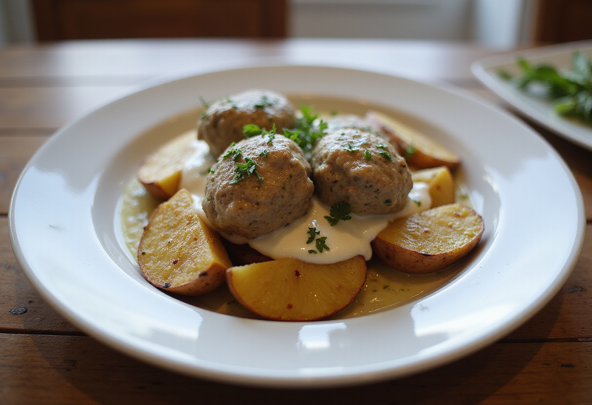 Serving creamy herb meatballs with roasted baby potatoes, beautifully presented, showcasing a delicious, hearty meal in a rustic dining setting.