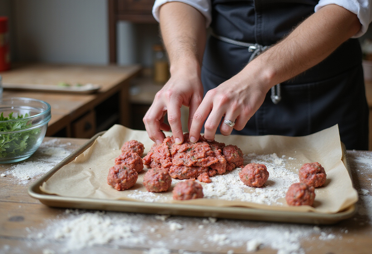 Rolling meatballs from creamy herb mixture on a baking sheet for roasting, showcasing the process of preparing creamy herb meatballs.