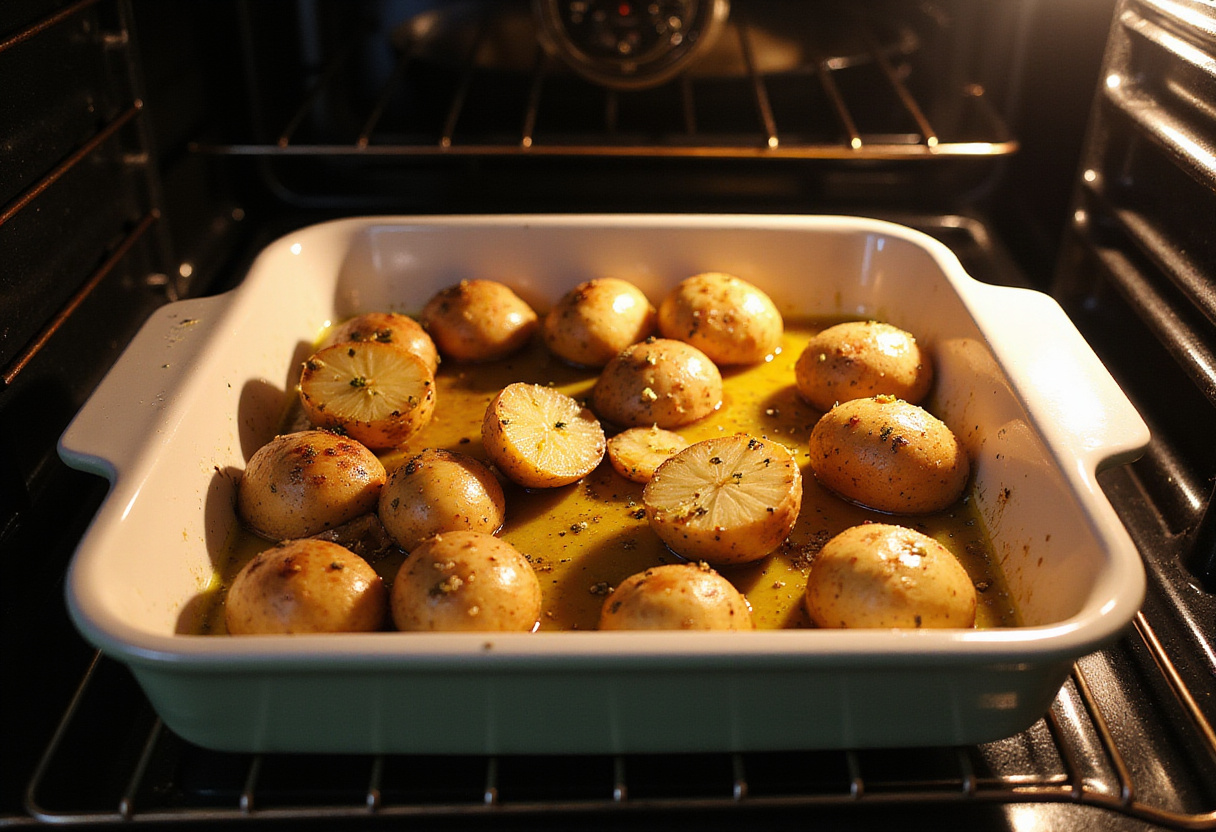 Preparing roasted baby potatoes with olive oil and seasoning, highlighting the delicious side for creamy herb meatballs in a cozy kitchen.