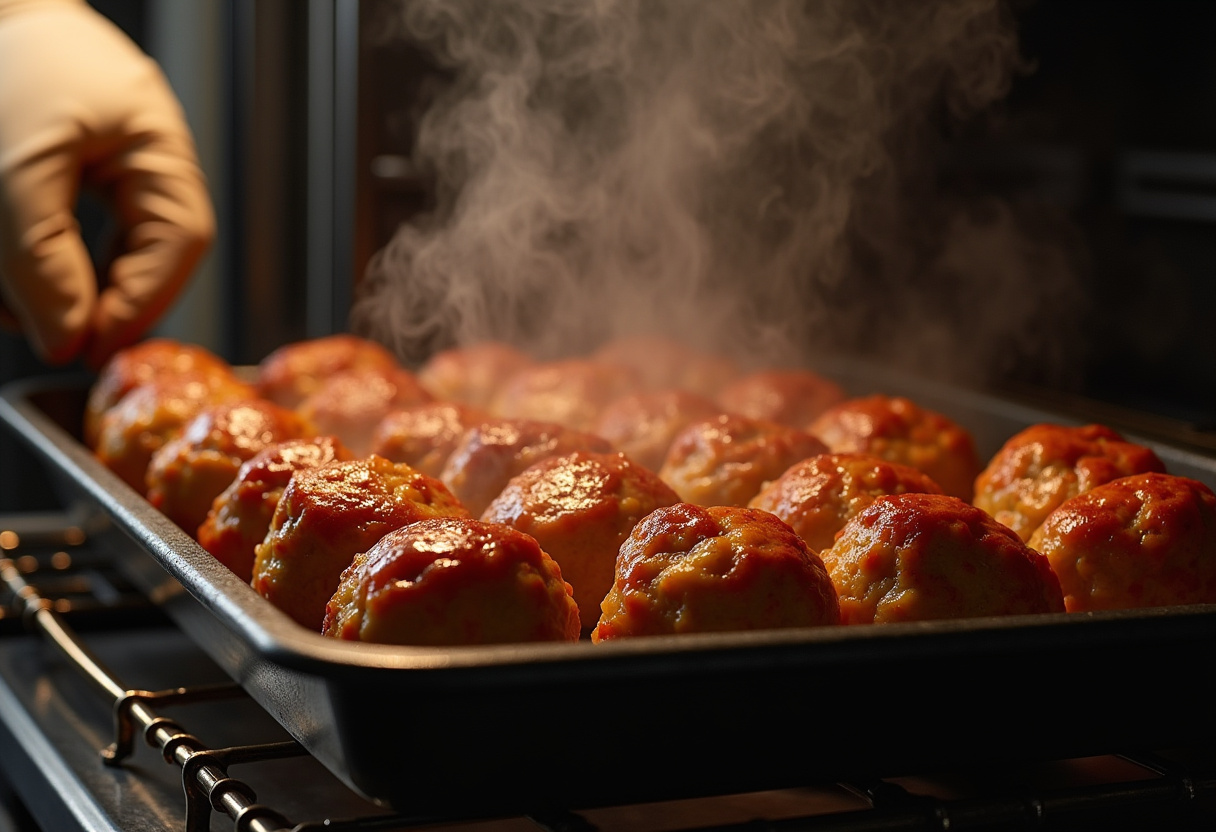Pulling out golden brown creamy herb meatballs from the oven, capturing the mouthwatering essence of freshly baked meatballs.