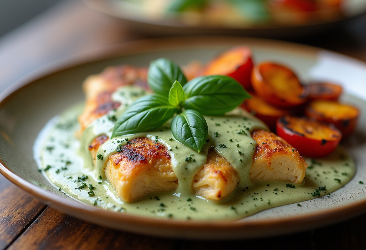 Final presentation of Creamy Pesto Chicken Delight with vibrant colors and fresh basil, perfect for a savory dining experience.