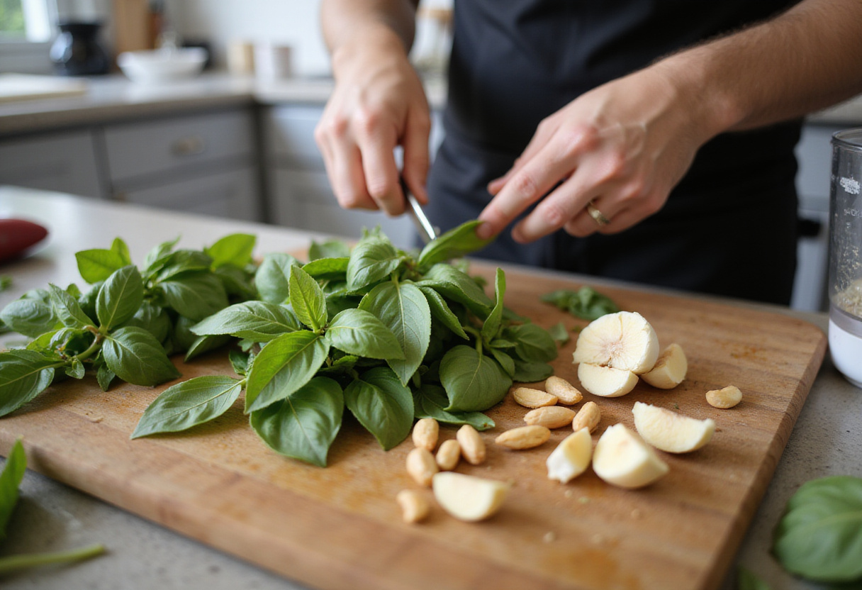 Preparing fresh basil and ingredients for homemade creamy pesto sauce for Creamy Pesto Chicken Delight.