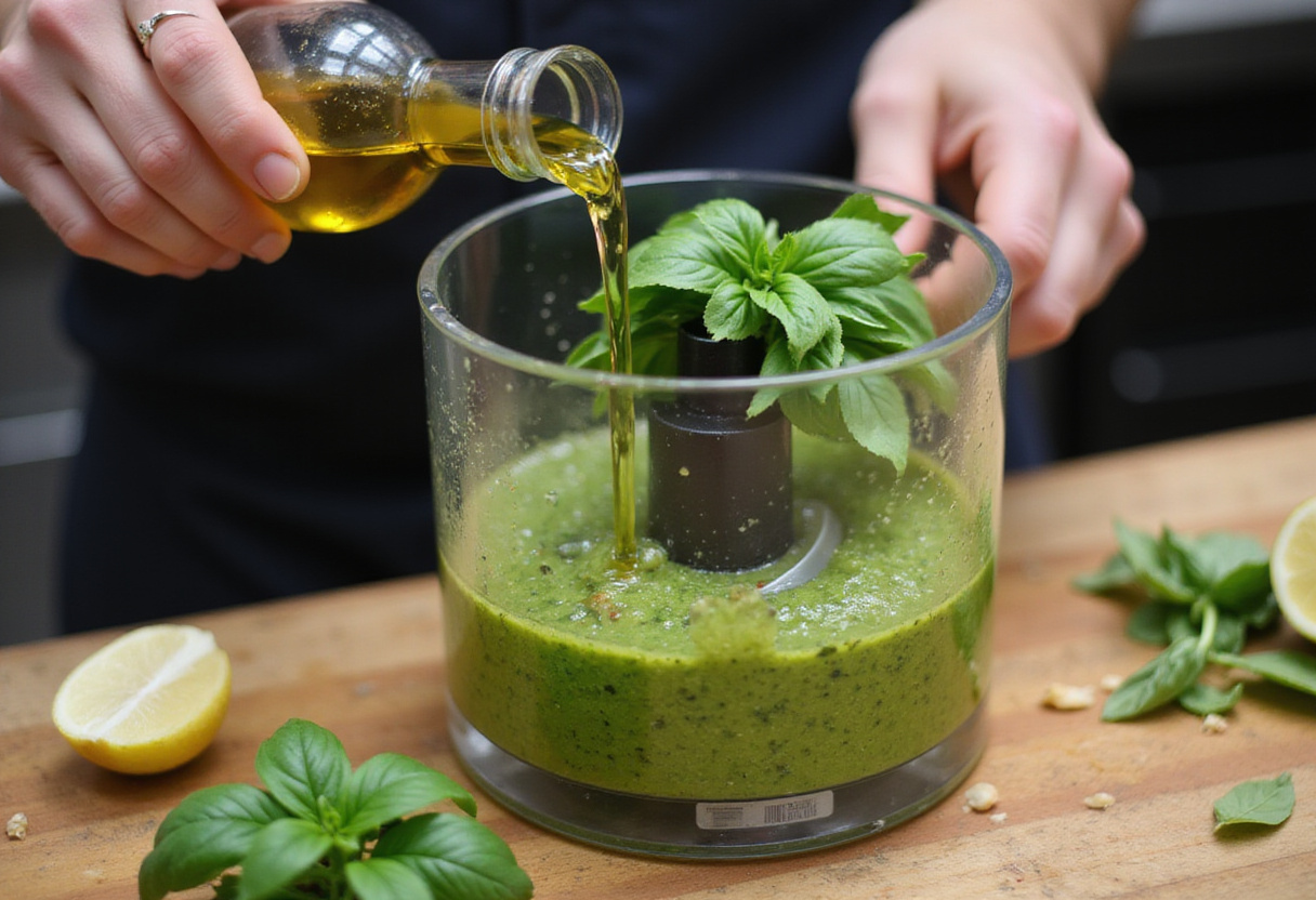 Blending fresh basil and olive oil to create a luscious creamy pesto sauce for the Creamy Pesto Chicken Delight.