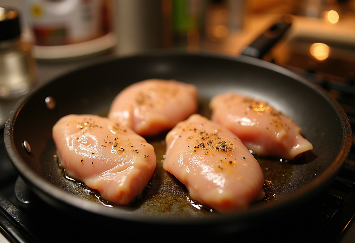Searing chicken breasts to perfection for a delicious Creamy Pesto Chicken Delight in a cozy kitchen.