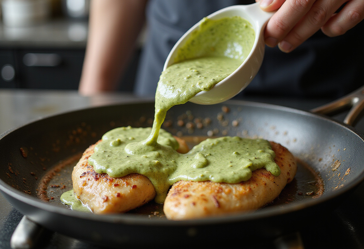 Coating cooked chicken breasts with rich creamy pesto sauce for a delightful Creamy Pesto Chicken dish.
