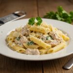 Final presentation of Creamy Ricotta Chicken Pasta, perfectly garnished and ready to enjoy, showcasing a delicious homemade meal.