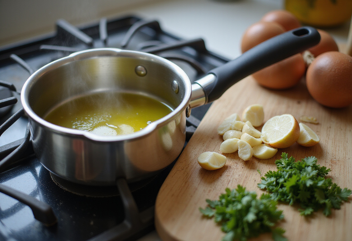 Preparation for Creamy Ricotta Chicken Pasta with garlic and parsley in a warm kitchen setting.