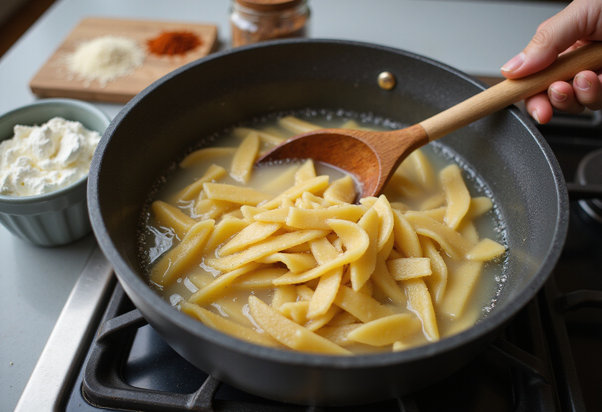 Cooking pasta for Creamy Ricotta Chicken Pasta, showcasing boiling water and delicious toppings in a well-equipped kitchen.